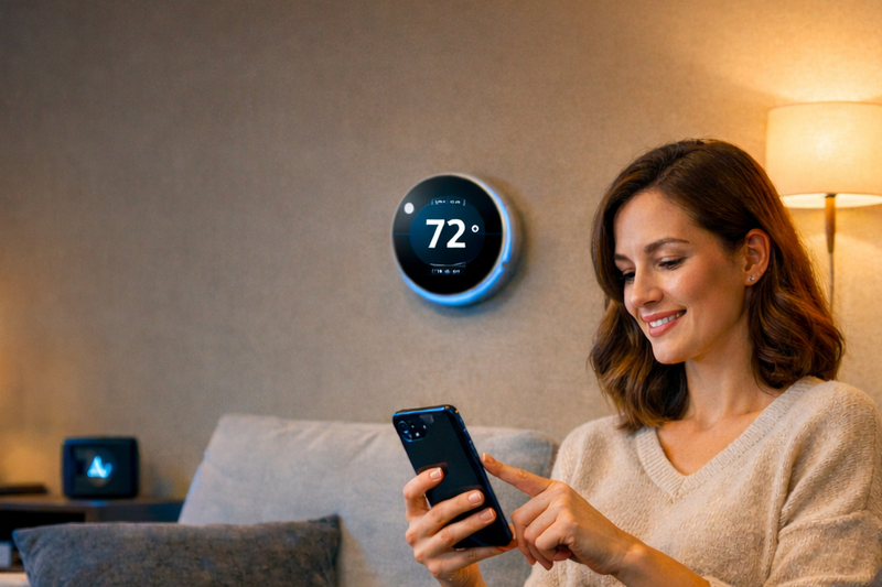 Woman using a smartphone in a living room with a smart thermostat on the wall.
