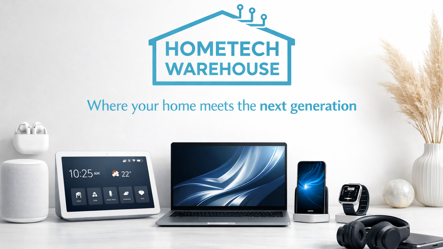 Home technology products on a white surface with 'Hometech Warehouse' branding.