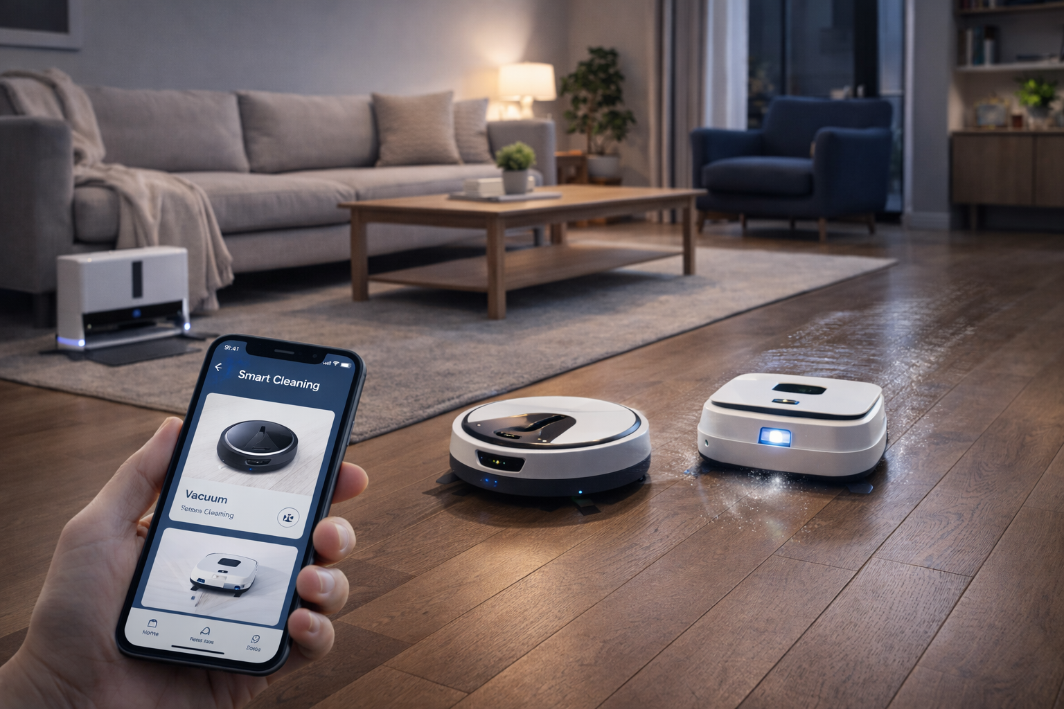 Robotic vacuums cleaning a living room with a smartphone app interface.