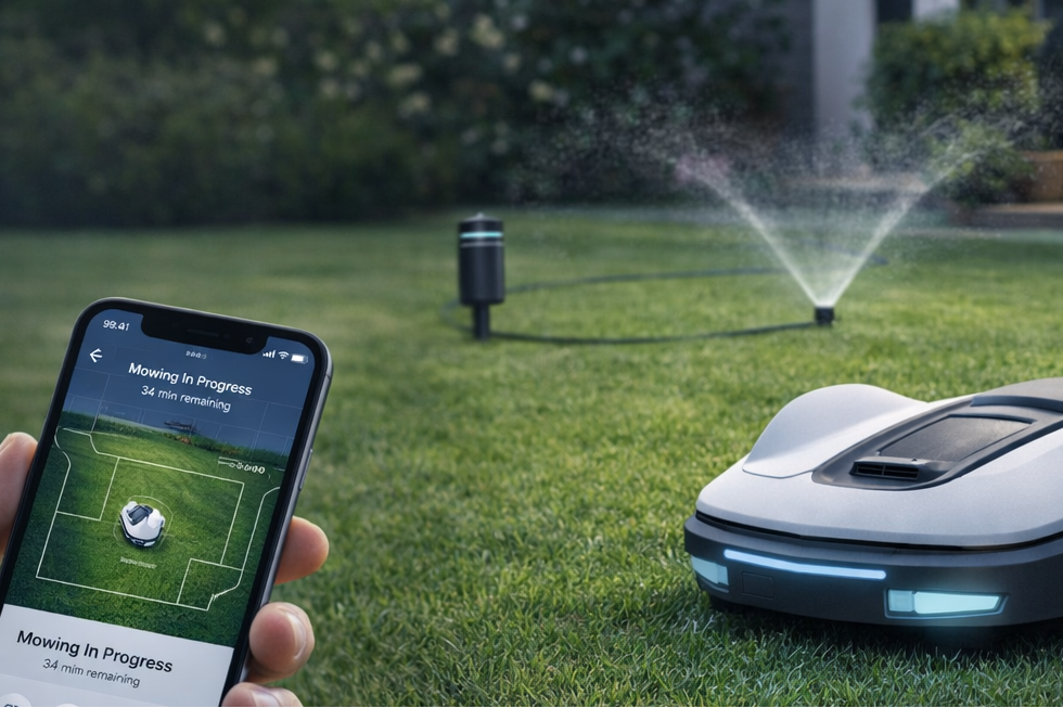 Robotic lawn mower and smartphone with app displaying lawn mowing progress in a garden setting.